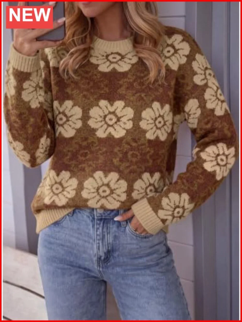 Womens Floral Crewneck Sweater Knit Pullover Loose Fit Long Sleeve